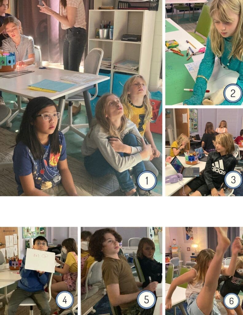 Photos of students at micro school learning about math and ELA.
